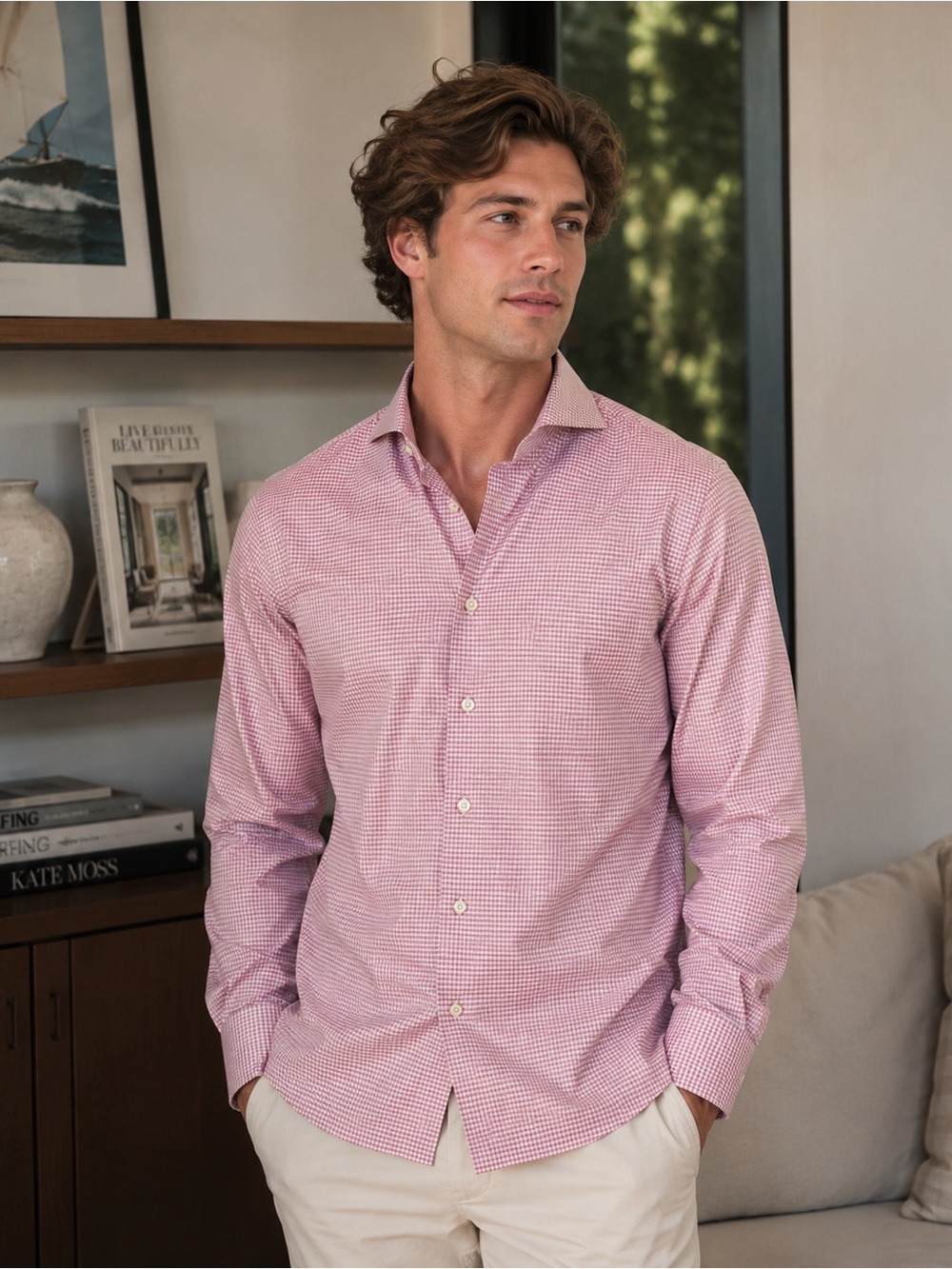 Byron British Style Tailored Fit Dress Shirt
Pinkish Gingham  Size Medium Career